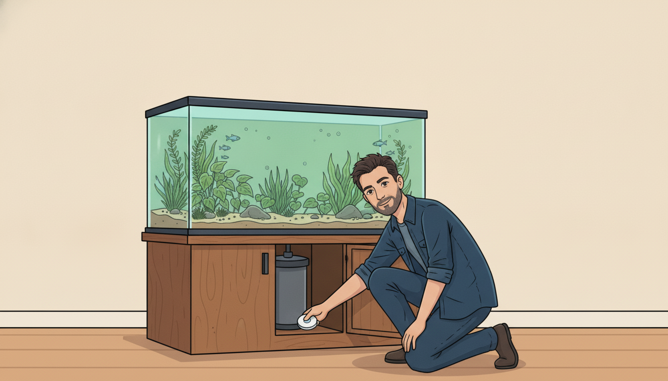 Cartoon illustration of Julian crouched at the open cabinet doors of an aquarium stand, placing a small round white leak sensor on the cabinet floor beside a canister filter, with the lit planted tank glowing above him
