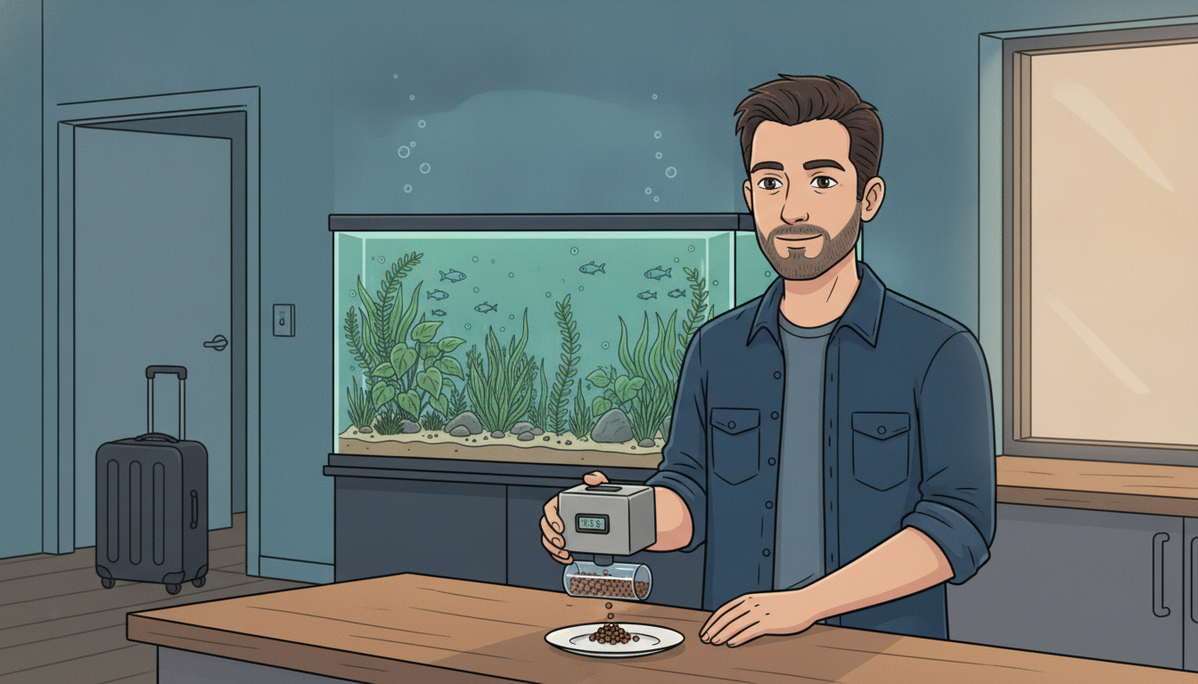 Cartoon illustration of Julian at a kitchen counter holding a grey auto-feeder with a clear food drum level over a white saucer to check how many pellets drop out, with a packed suitcase by the door and a planted aquarium glowing behind him