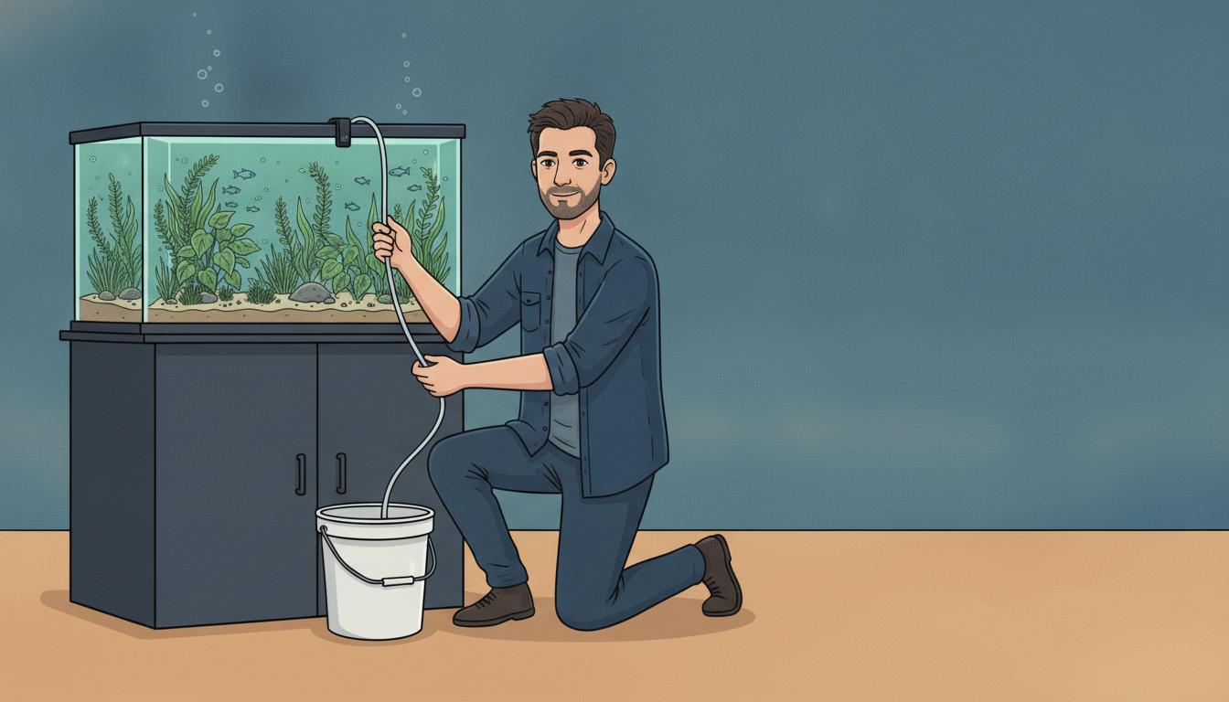 Cartoon illustration of Julian kneeling beside a reservoir bucket, running a top-off tube up to a bright planted aquarium on a cabinet stand