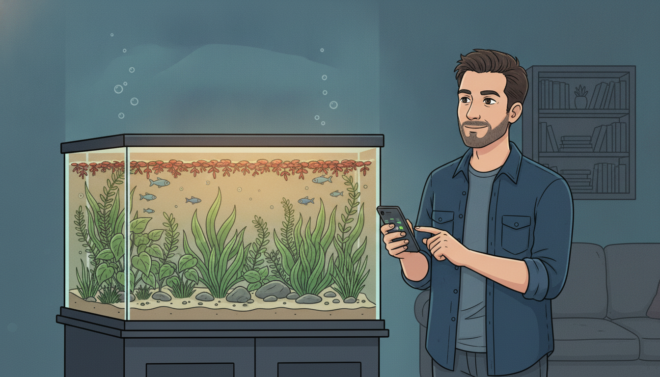 Cartoon illustration of Julian setting a lighting timer on his phone beside a bright, healthy planted aquarium