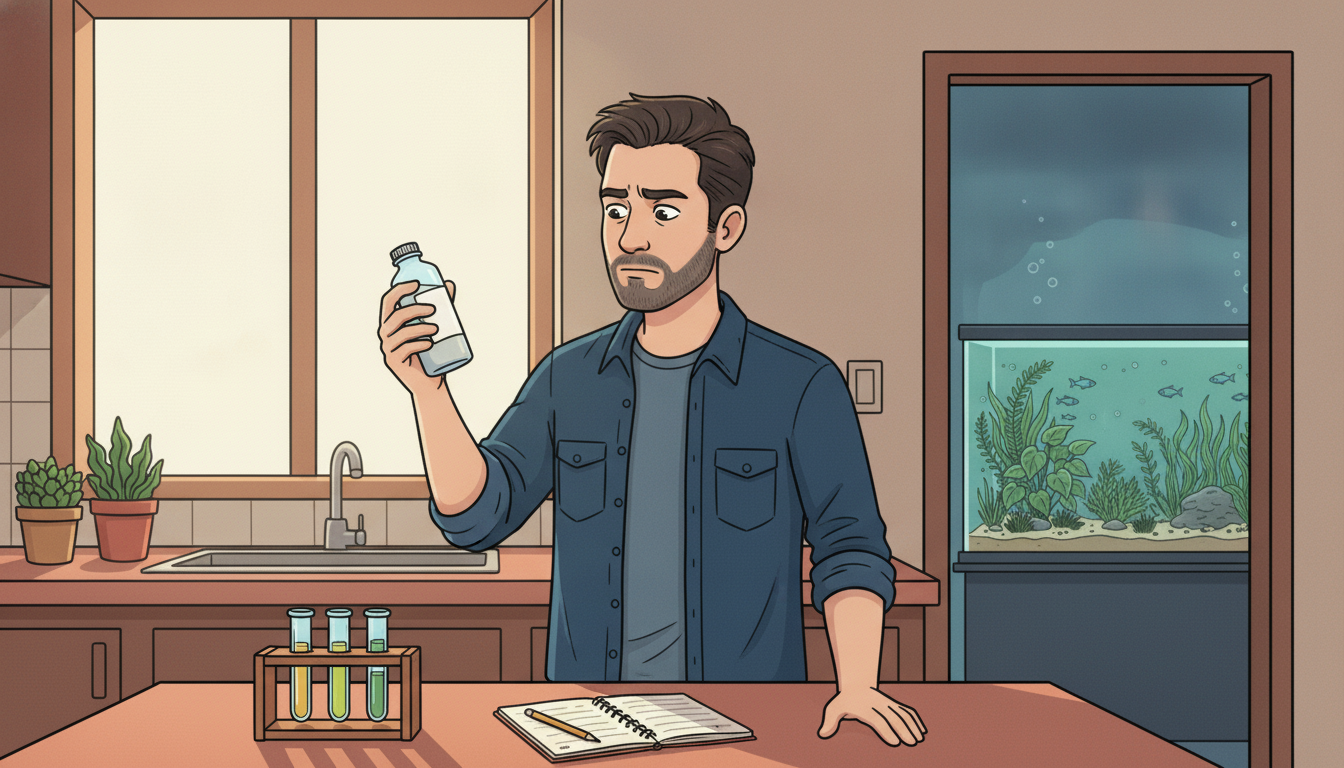 Cartoon illustration of Julian standing at a kitchen counter holding an unlabelled bottle of aquarium bacteria up to the window light and squinting at it, a rack of test tubes and a notepad on the counter beside him and a glowing planted aquarium visible through the doorway behind