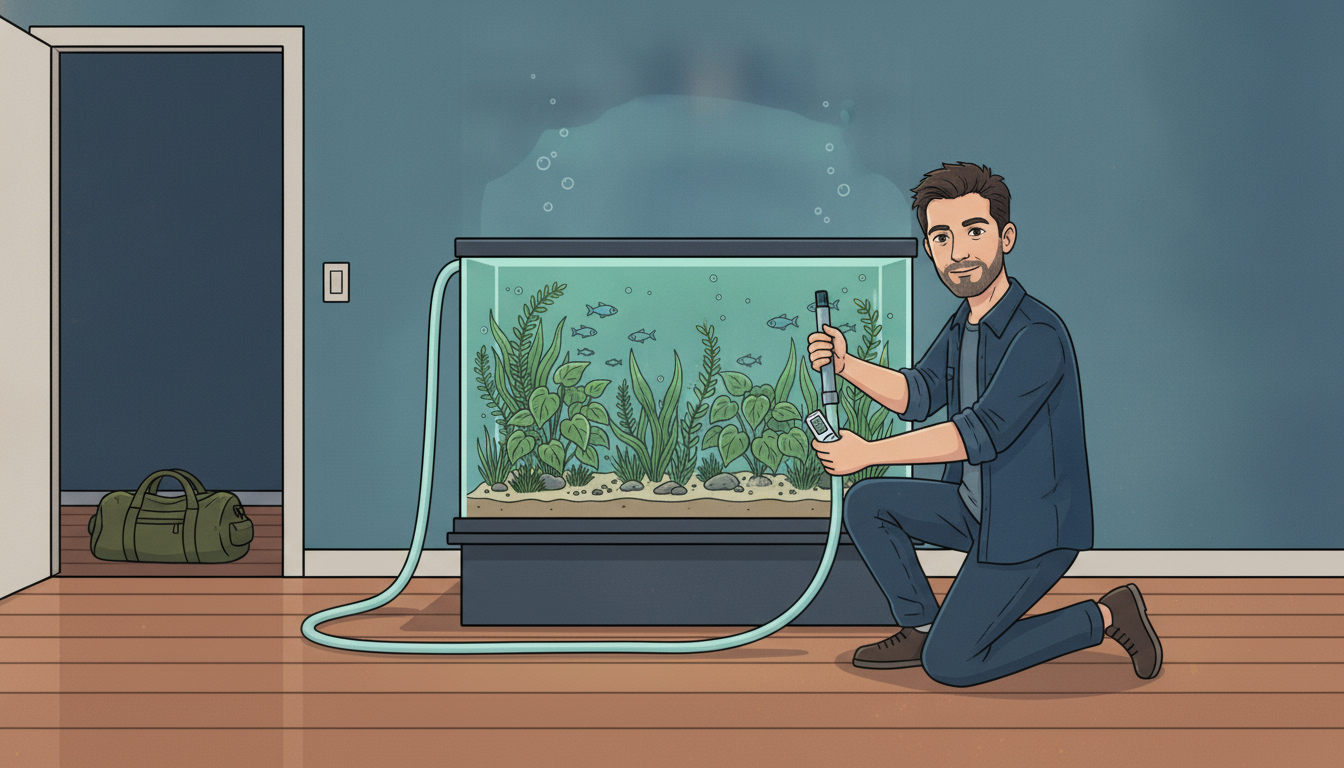 Cartoon illustration of Julian kneeling beside a planted aquarium holding a gravel-vacuum tube in one hand and a thermometer in the other, a long clear hose running from the tank across the floor to an open doorway where a packed duffel bag is waiting