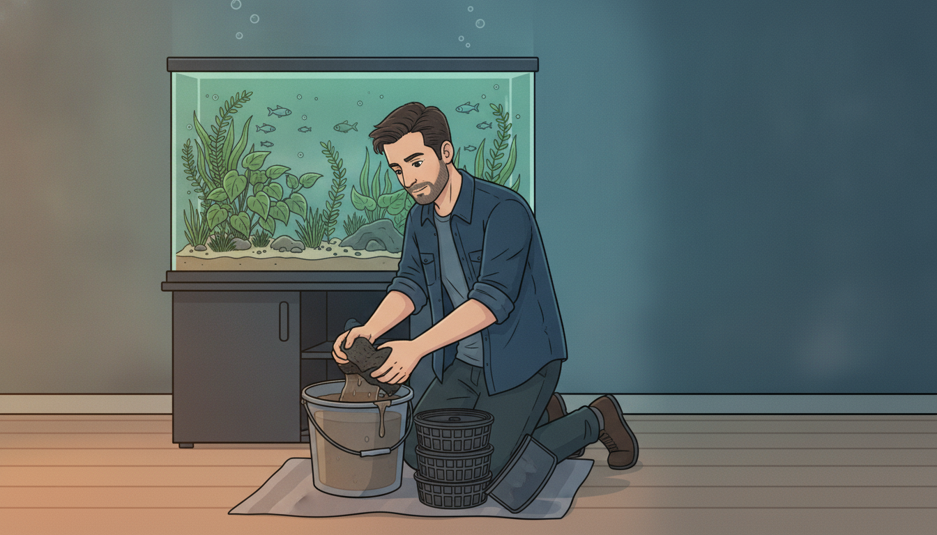 Cartoon illustration of Julian kneeling on a towel on his living-room floor, wringing a dark coarse filter sponge into a bucket of murky brown aquarium water with the stacked baskets of an opened canister filter beside him and his lit planted aquarium glowing behind