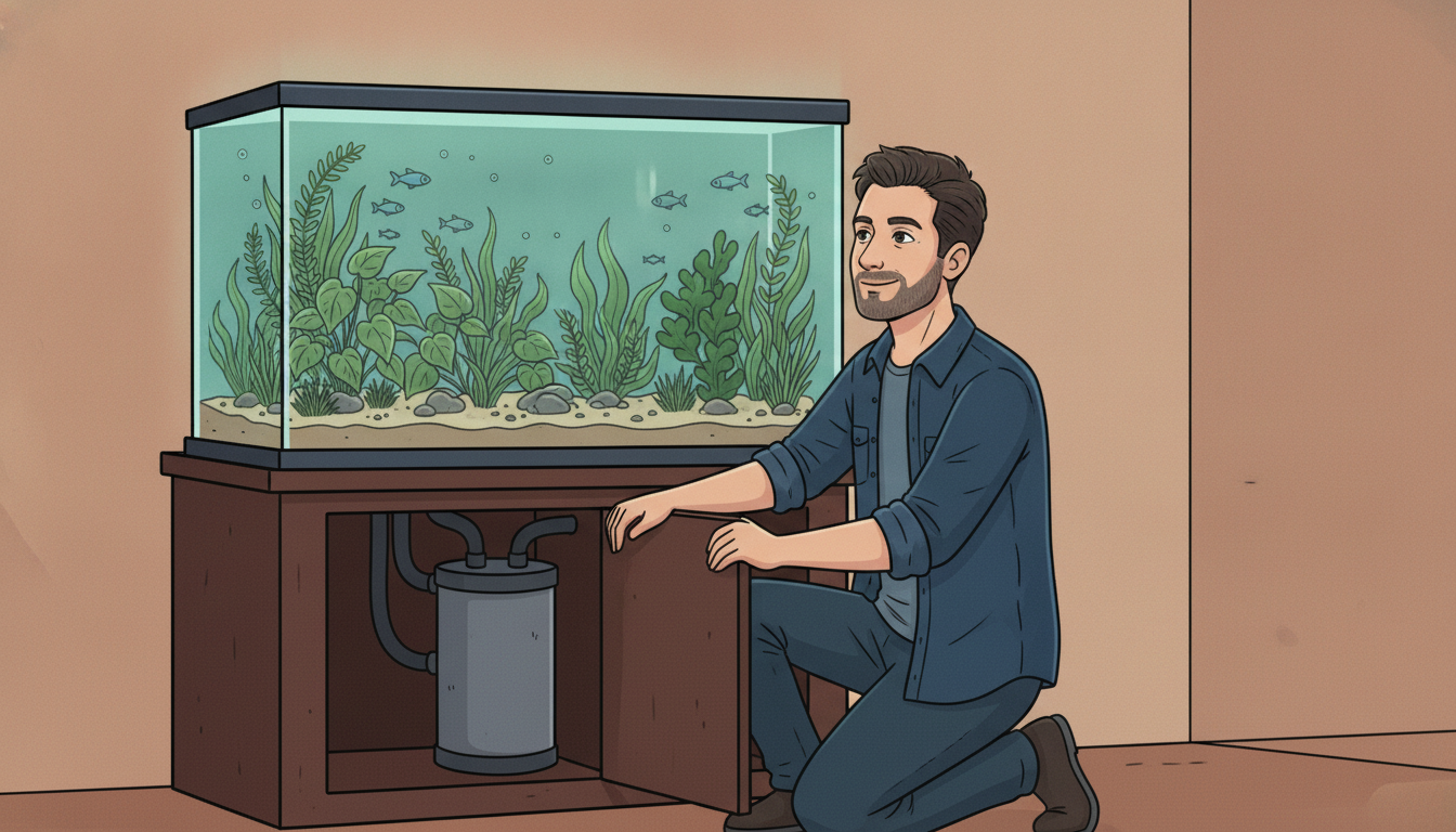 Cartoon illustration of Julian crouched beside an aquarium cabinet, checking a large canister filter with hoses running up to a bright planted tank above