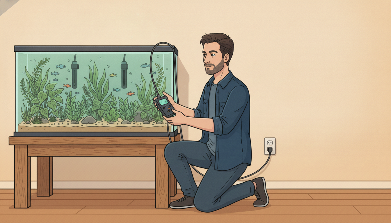 Cartoon illustration of Julian kneeling beside a lit planted aquarium on a wooden stand, holding a small digital controller box wired between the wall outlet and two heaters in the tank