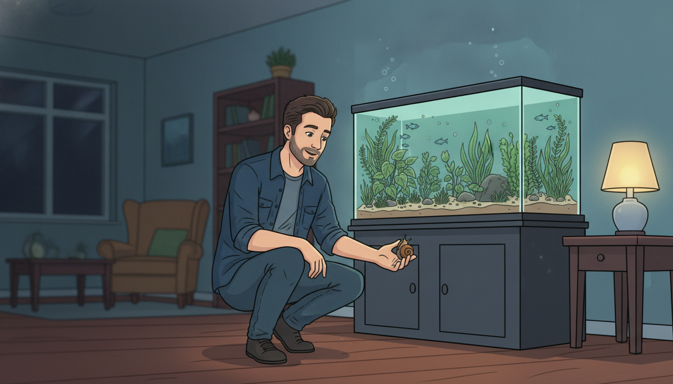 Cartoon illustration of Julian crouched by his aquarium stand at night, gently lifting an escaped mystery snail off the floor while the planted tank glows above