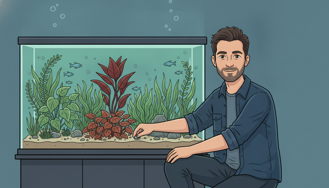 Cartoon illustration of Julian crouched at eye level beside a low-tech planted aquarium, reaching in to press a fertiliser tab into the sandy substrate beside a low clump of deep copper-red crypt leaves, with a tall dark-red lily behind it and no CO2 equipment anywhere in the scene