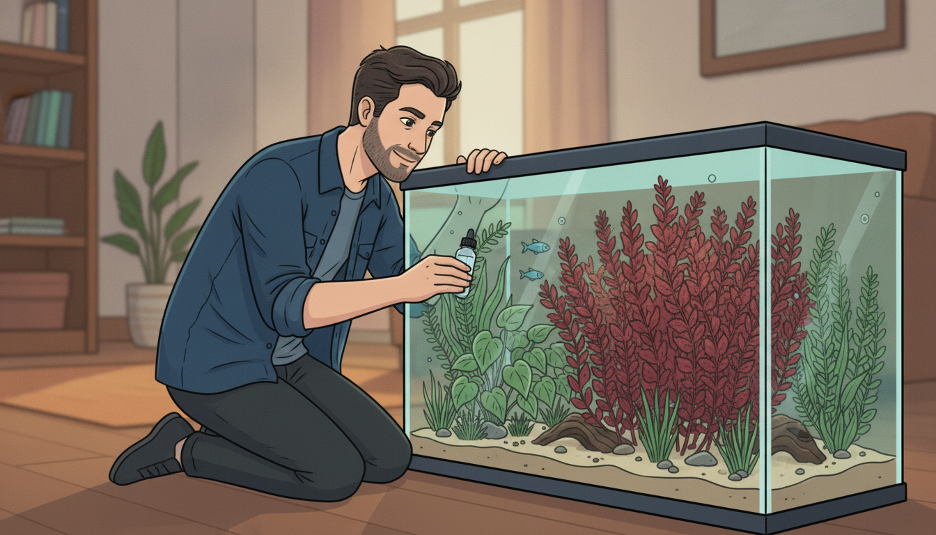 Cartoon illustration of Julian admiring a planted aquarium with vivid red-leaved plants, dosing liquid fertilizer