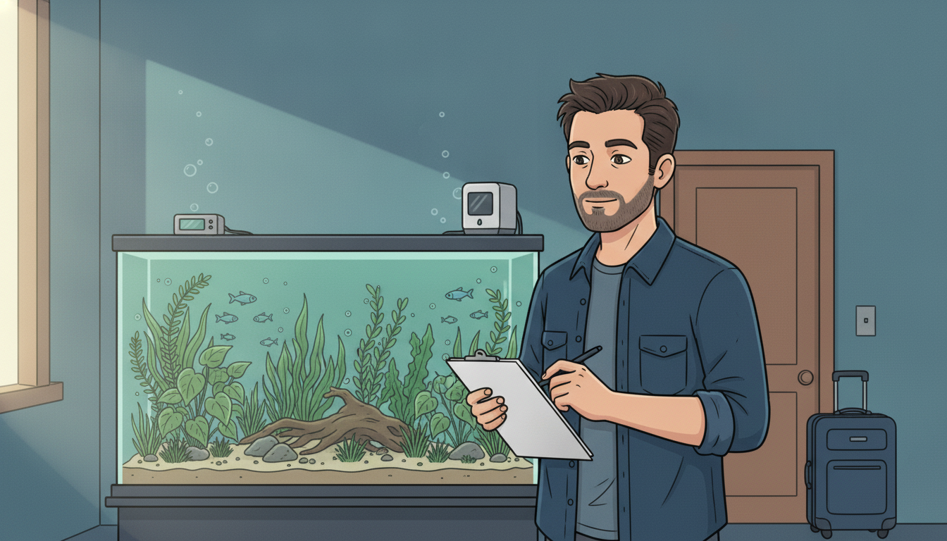 Cartoon illustration of Julian at his desk running a checklist beside a planted aquarium, a suitcase by the door