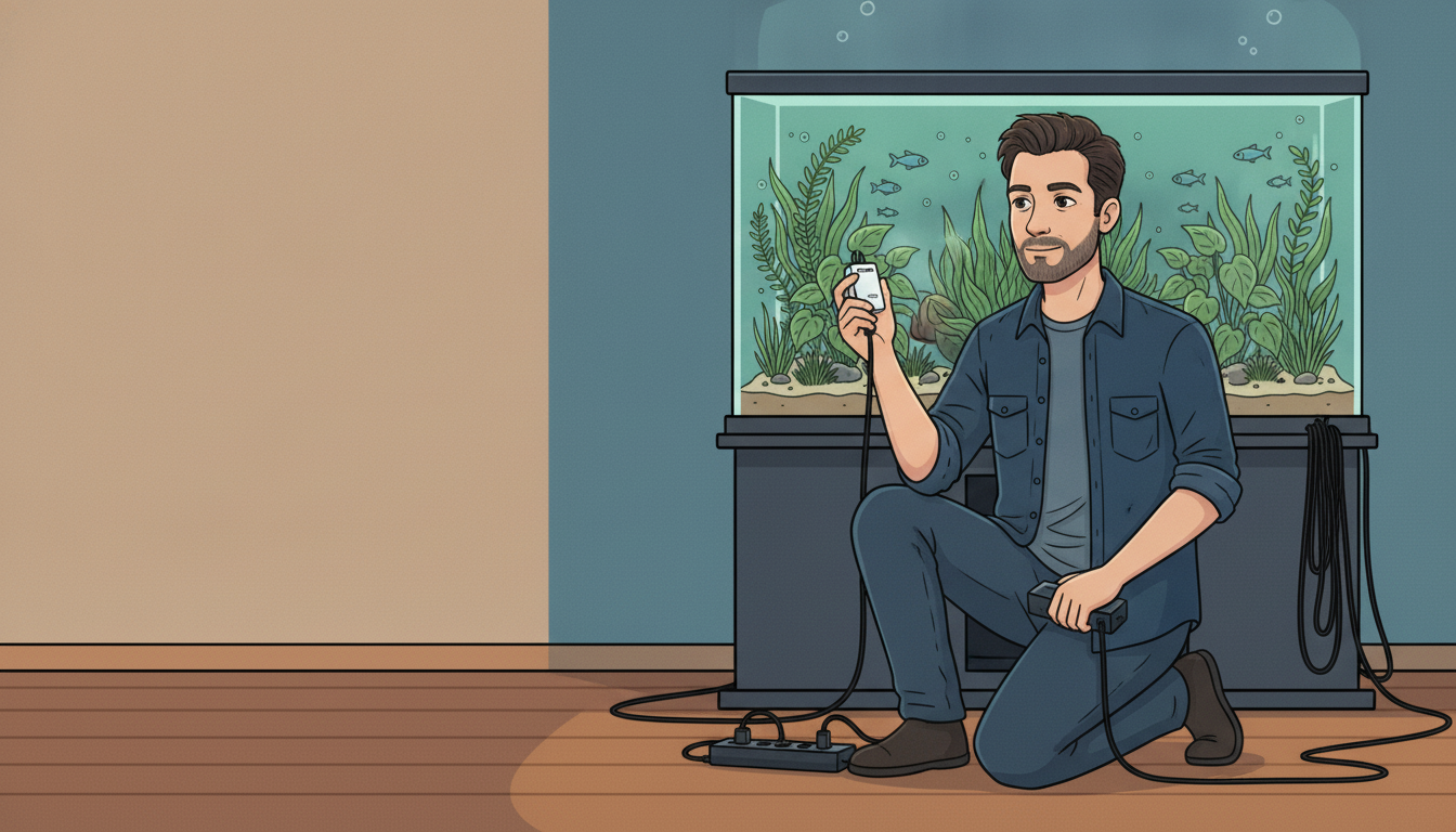 Cartoon illustration of Julian kneeling on the floor in front of his lit planted aquarium, holding up a small white smart plug and studying it, a power bar and neatly looped cords laid out on the floor beside him