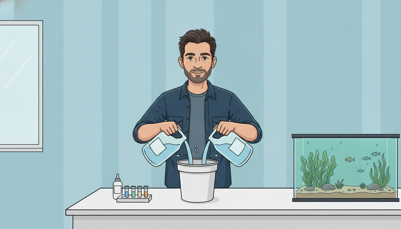 Cartoon illustration of Julian mixing water from two jugs into a bucket beside a planted aquarium and a test kit