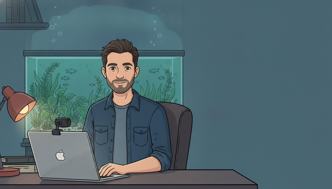 Cartoon illustration of Julian on a video call at his desk, a glowing planted aquarium behind him as the backdrop