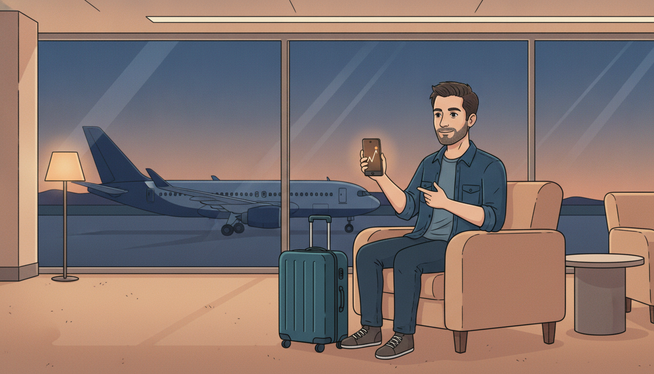 Cartoon illustration of Julian sitting in an airport lounge at dusk, calmly checking a temperature graph on his phone with a carry-on bag at his feet